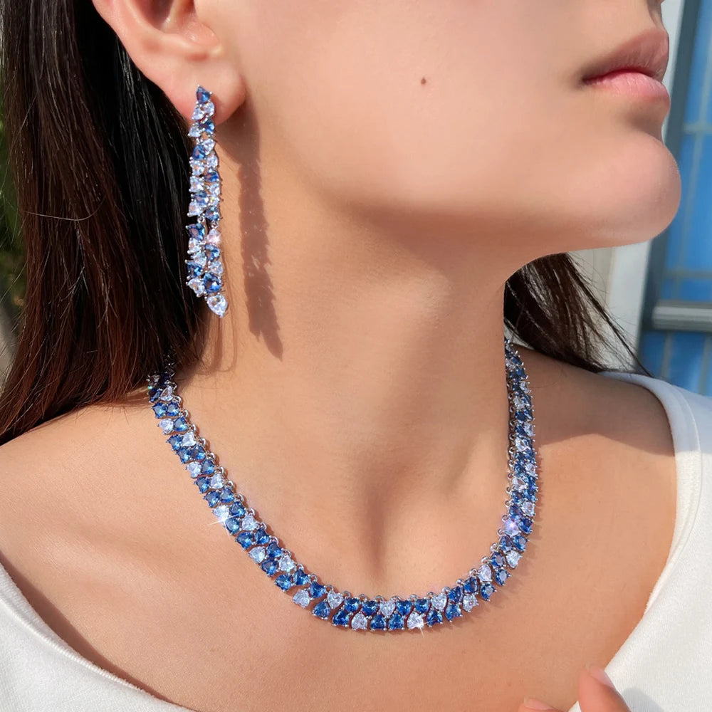 Luxury Shiny Blue CZ Zircon Heart Shape Wedding Jewelry Sets for Women Bridal Necklace Earrings