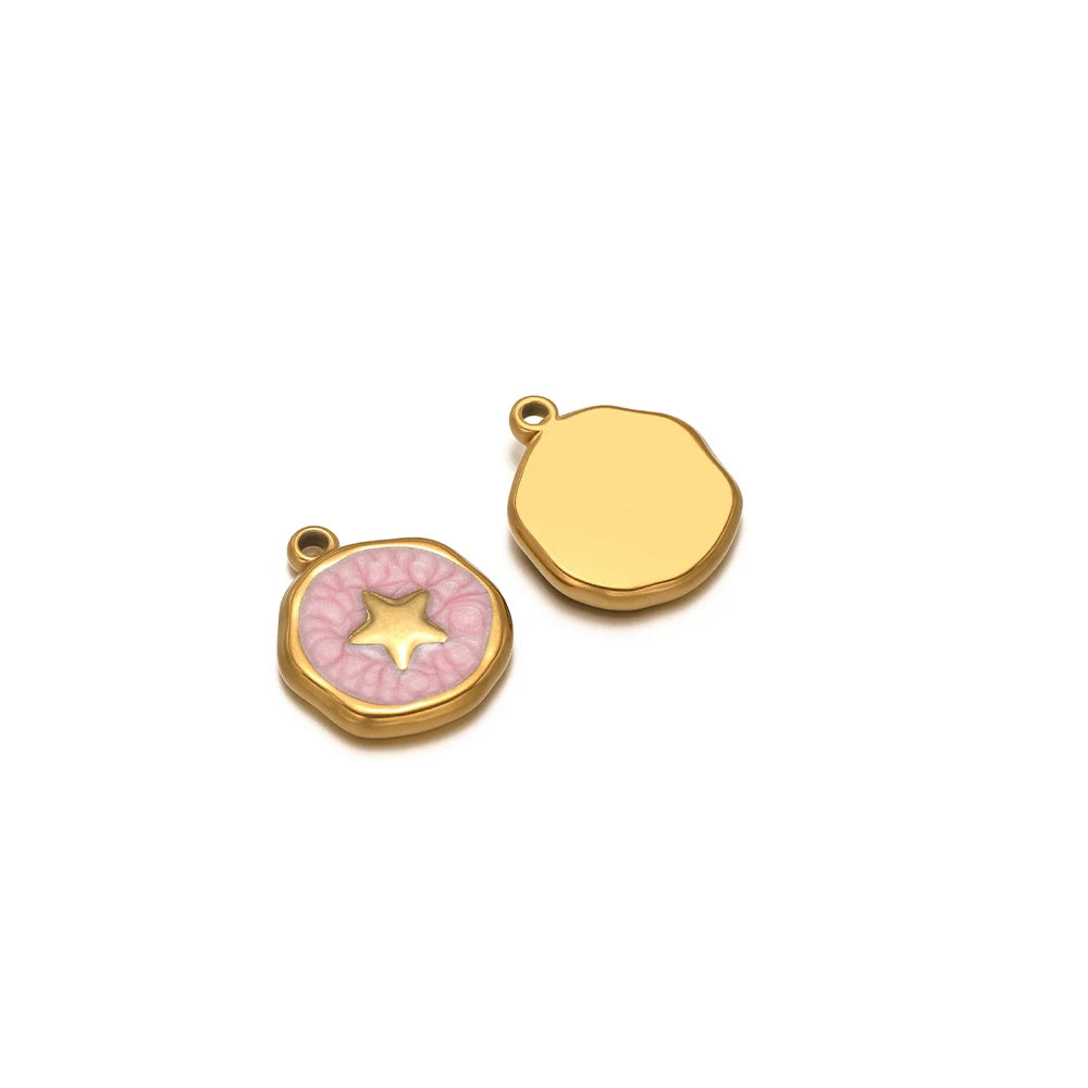 Evil eye charm pendants: pink enamel star on gold with plain gold drop charm