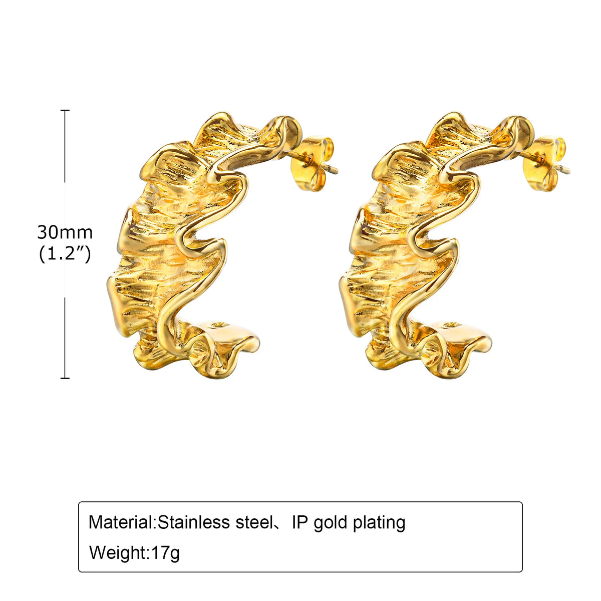 Gold-plated textured hoop earrings, 30mm size with stud backs (pair)