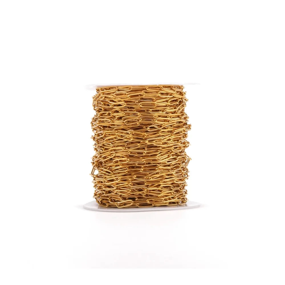 Gold-tone oval flat cable chain spool with interlocking cross-style links