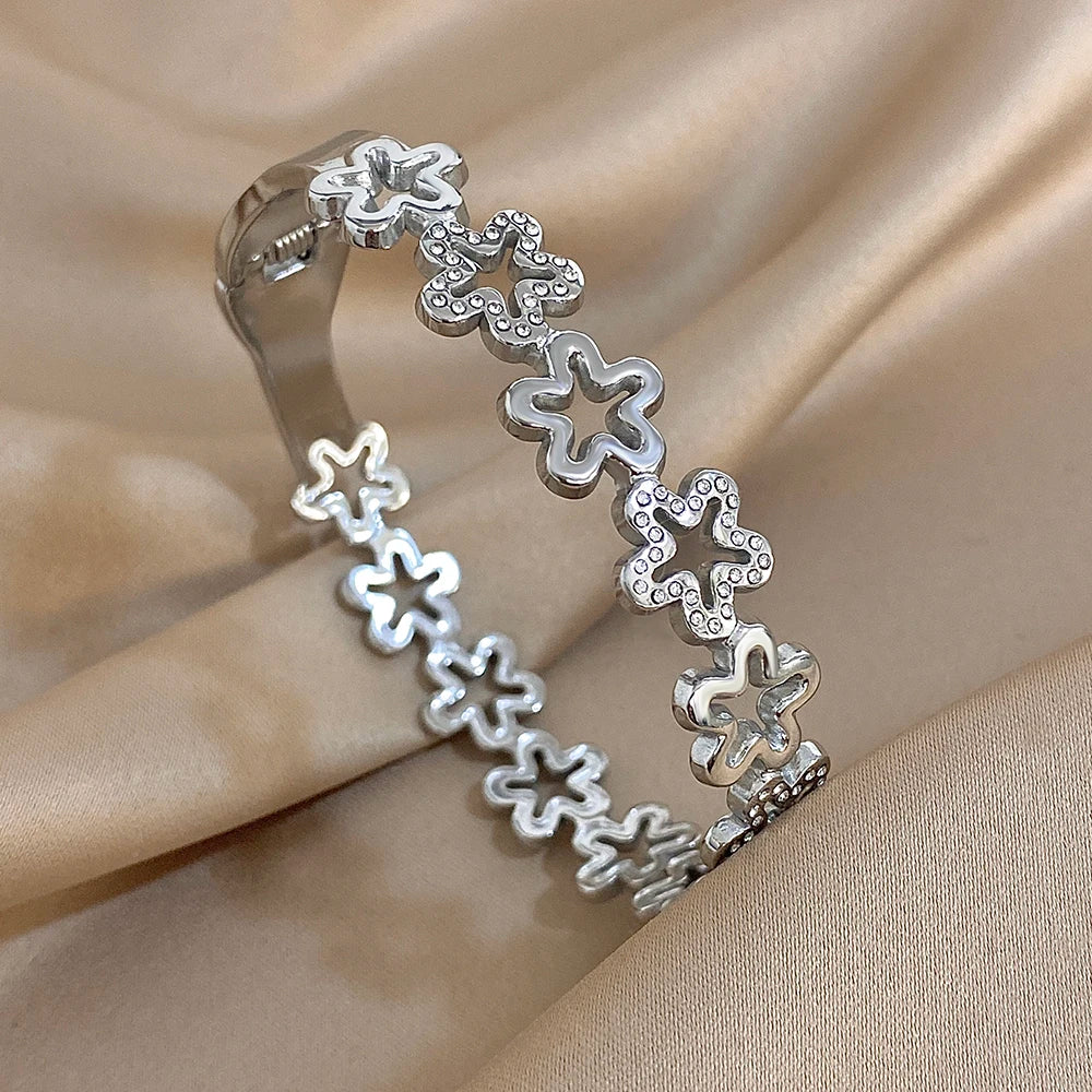 Irregular Zircon Flowers Stainless Steel Bracelet for Women Stylish Gold Plated Cuff Bangle Bracelets Waterproof Jewelry