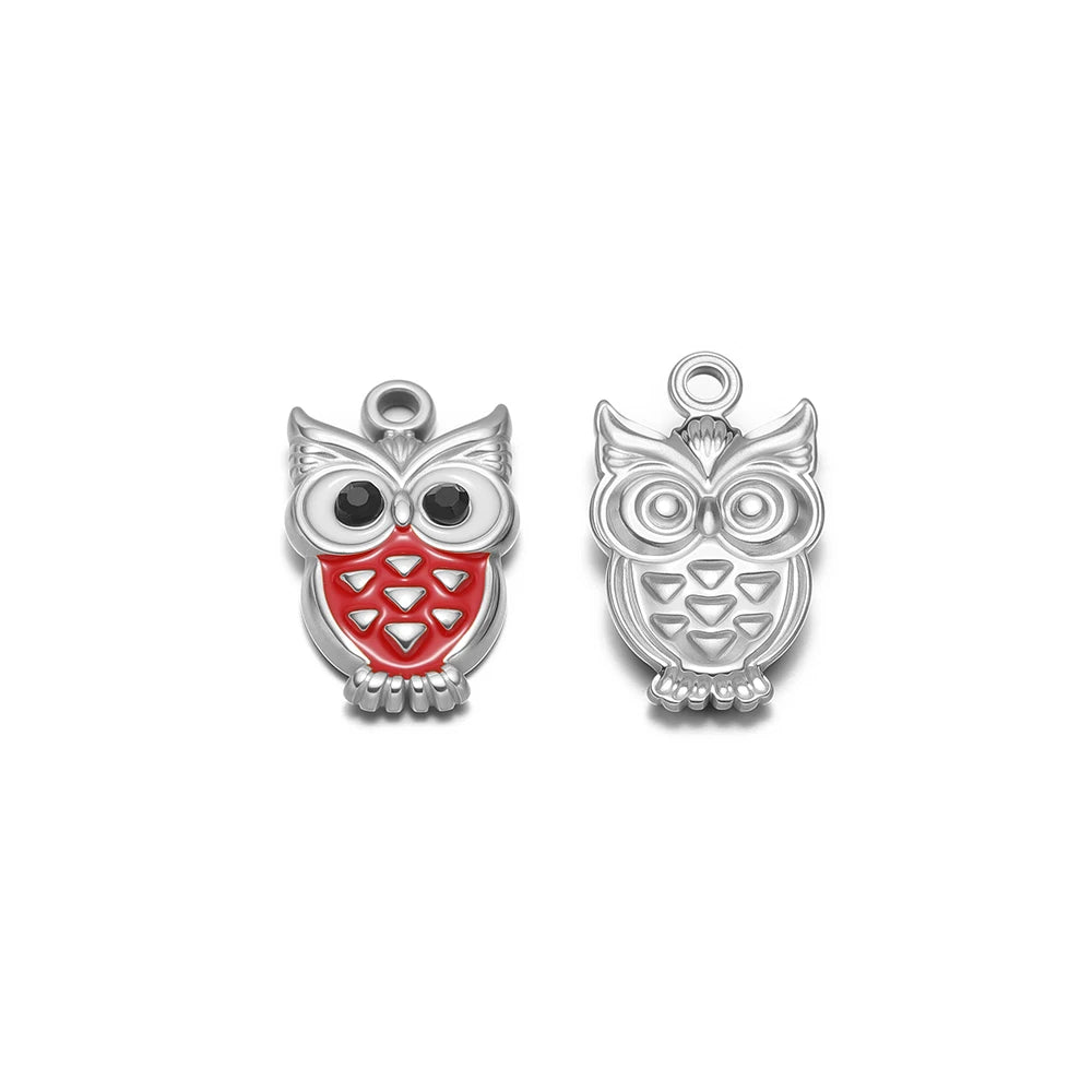 Silver-tone owl enamel charm pendants with hanging loop, red enamel belly, front/back pair