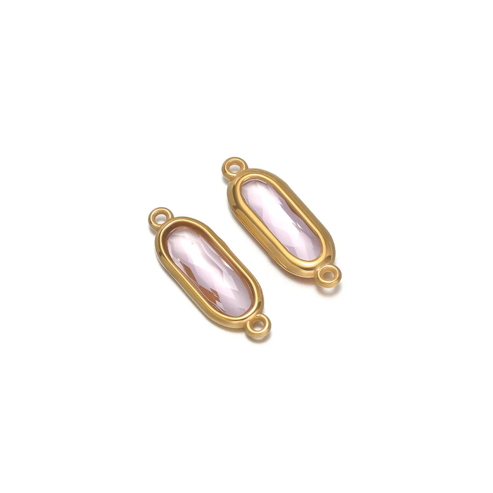 Stainless steel oval glass charm connector, pink-white glass with gold-tone frame and 2 loops