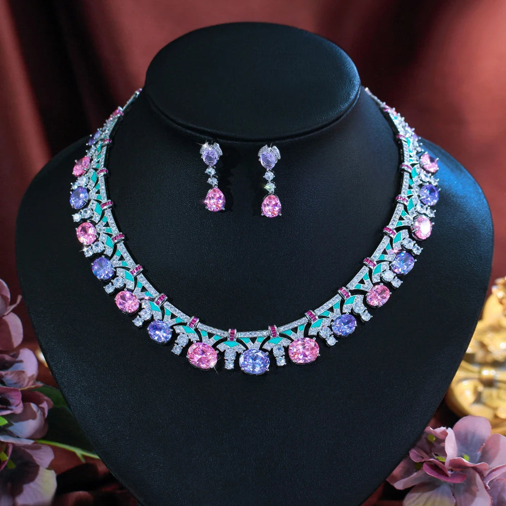 Handmade Multicolor CZ Crystal Jewelry Sets for Women Drop Earrings &Necklace Enamel Wedding Engagement Gift