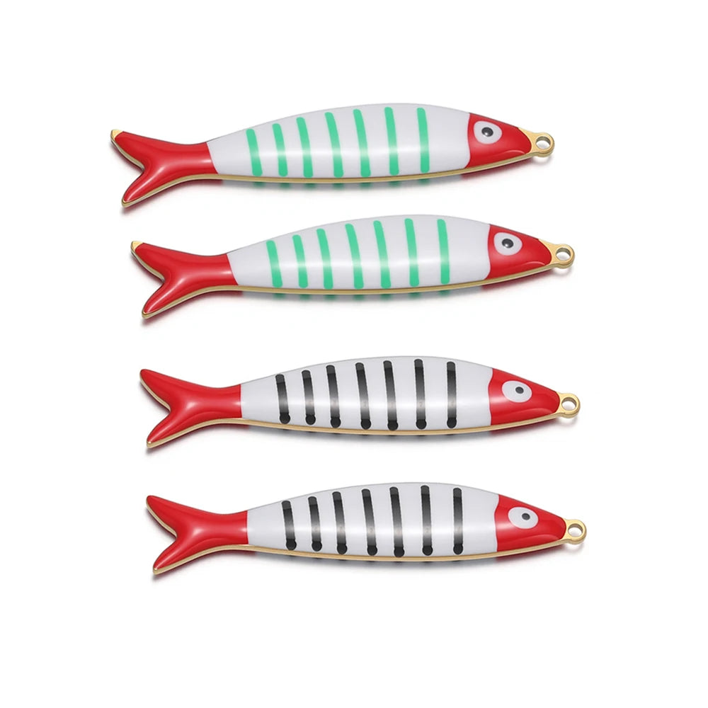 Set of striped fish enamel charms, red fins with green and black stripes, gold loops