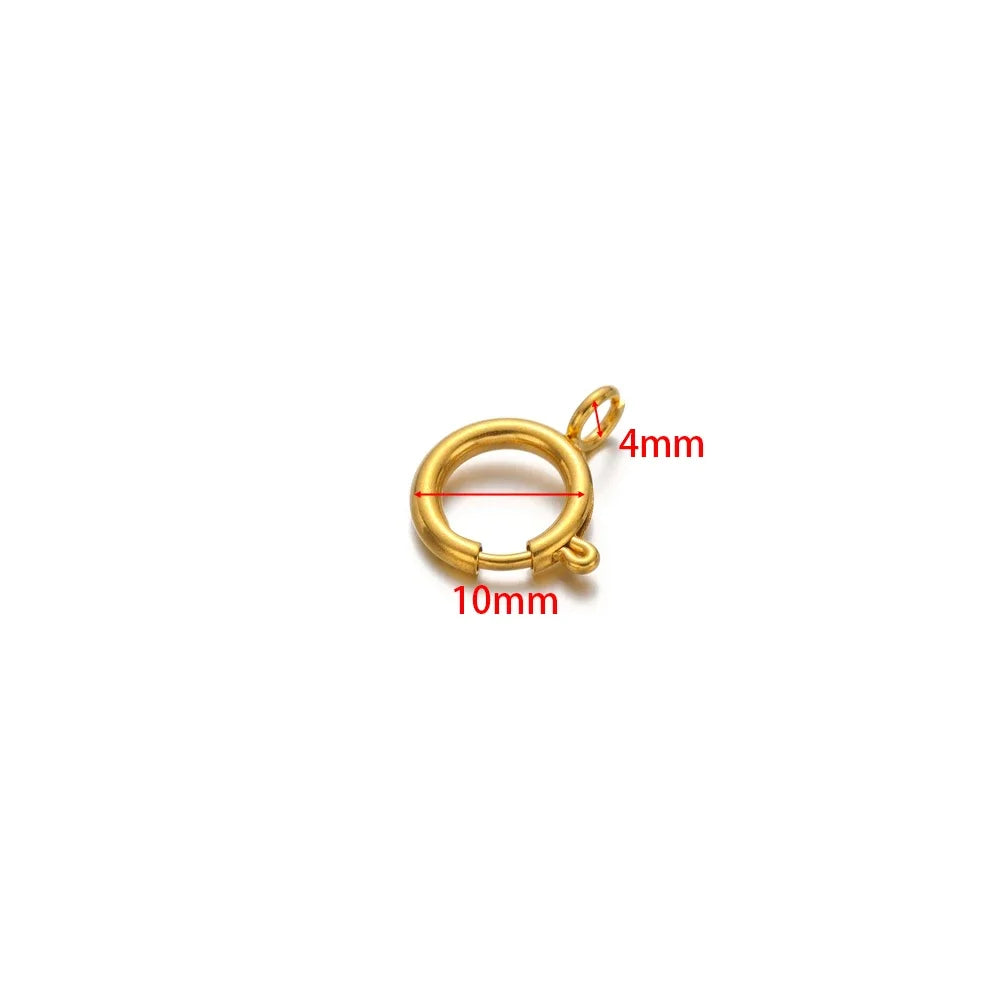 Gold spring clasp round hook connector, 10mm ring, 4mm clip.