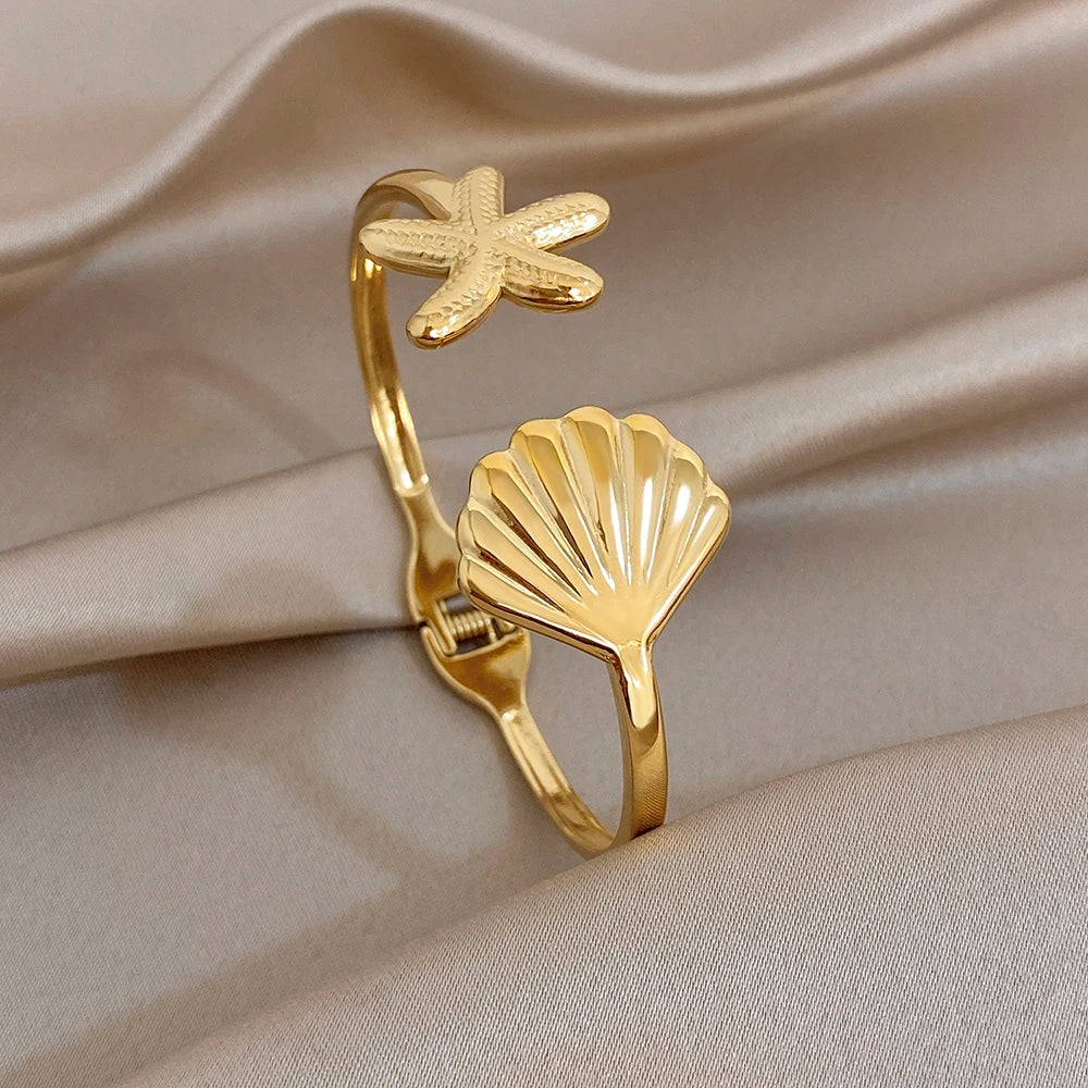 Chic Geometric Fish Shell Starfish Wide Bracelet for Women Glossy Gold Plated Stainless Steel Cuff Bangles Waterproof Jewelry Se