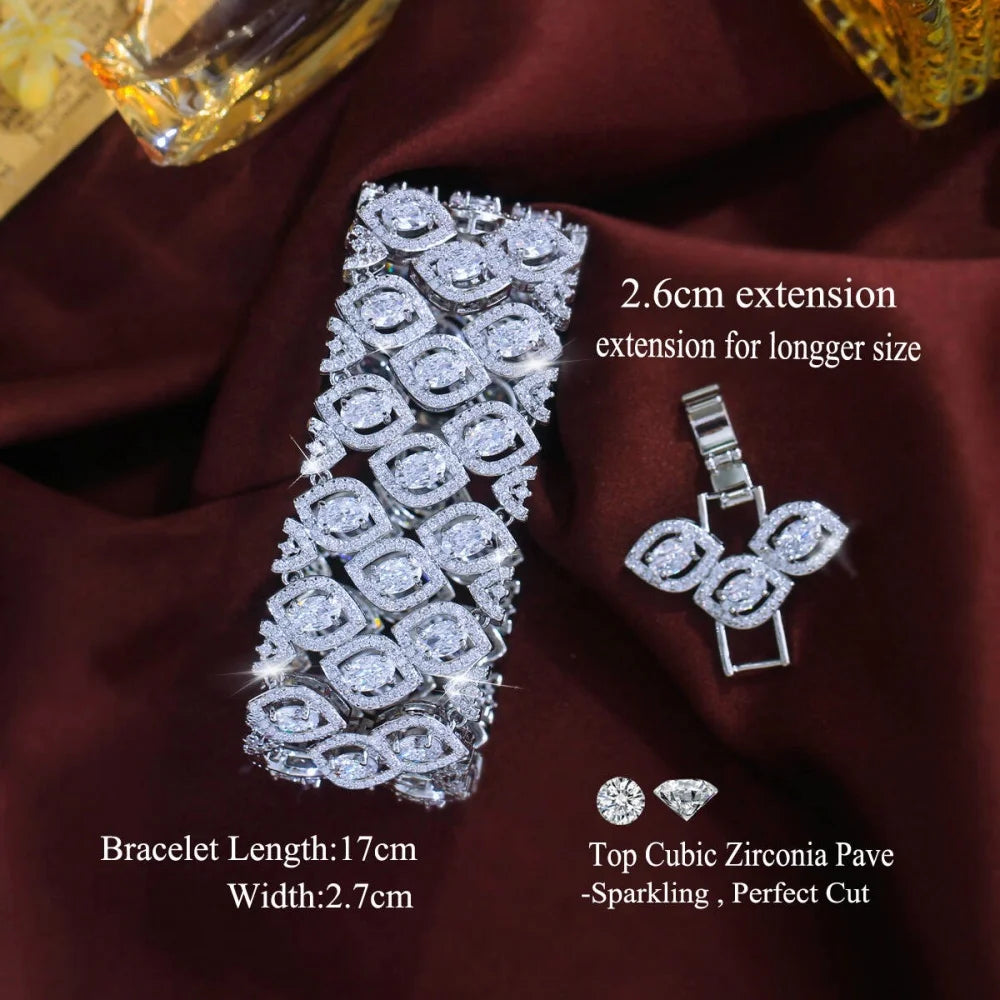 Clear zirconia wide bracelet with clasp extension and size details