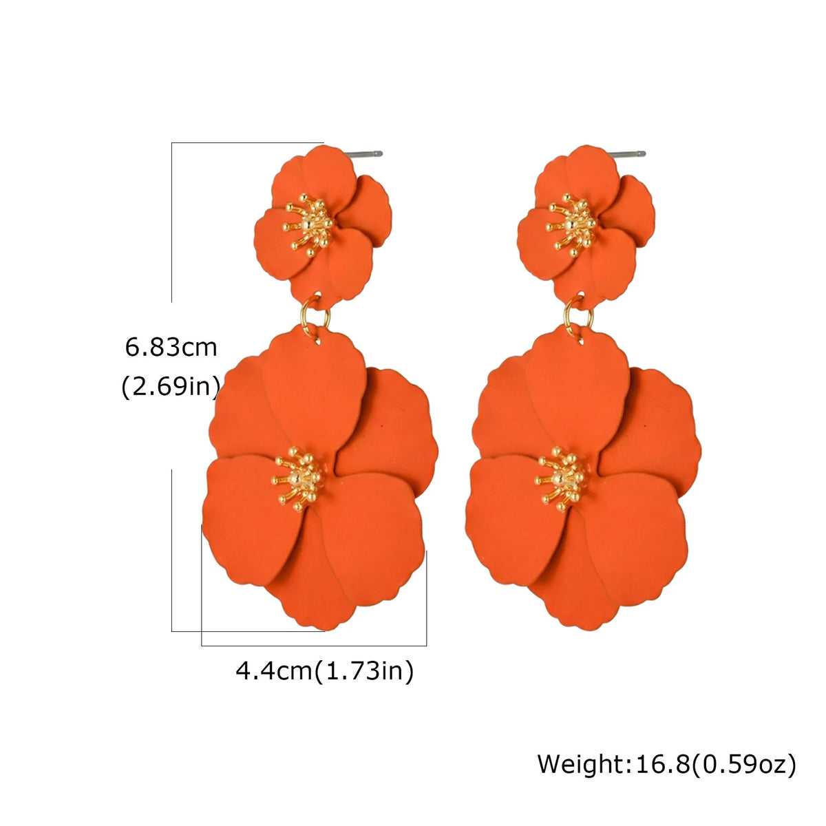 Orange double flower drop earrings with gold-tone centers and hooks