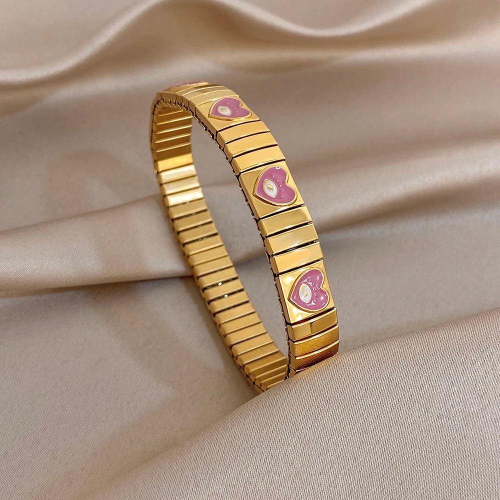 Chunky Gold Plated Stainless Steel Watch Band Bracelet Colorful Enamel Heart Evil Eye Elastic Bangle Bracelet Waterproof Jewelry