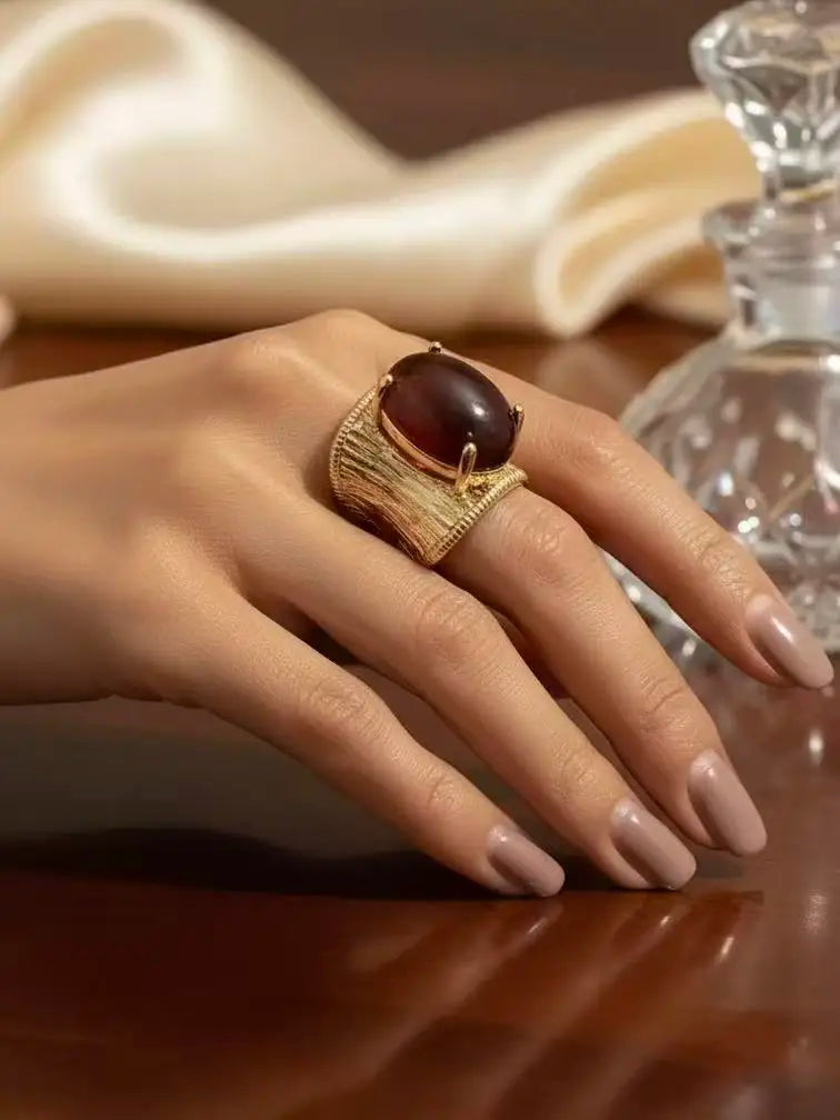 Exaggerated Imitation Gemstone Geometric Stripe Wide Rings Vintage Chunky Metal Ring for Women Jewelry Gifts