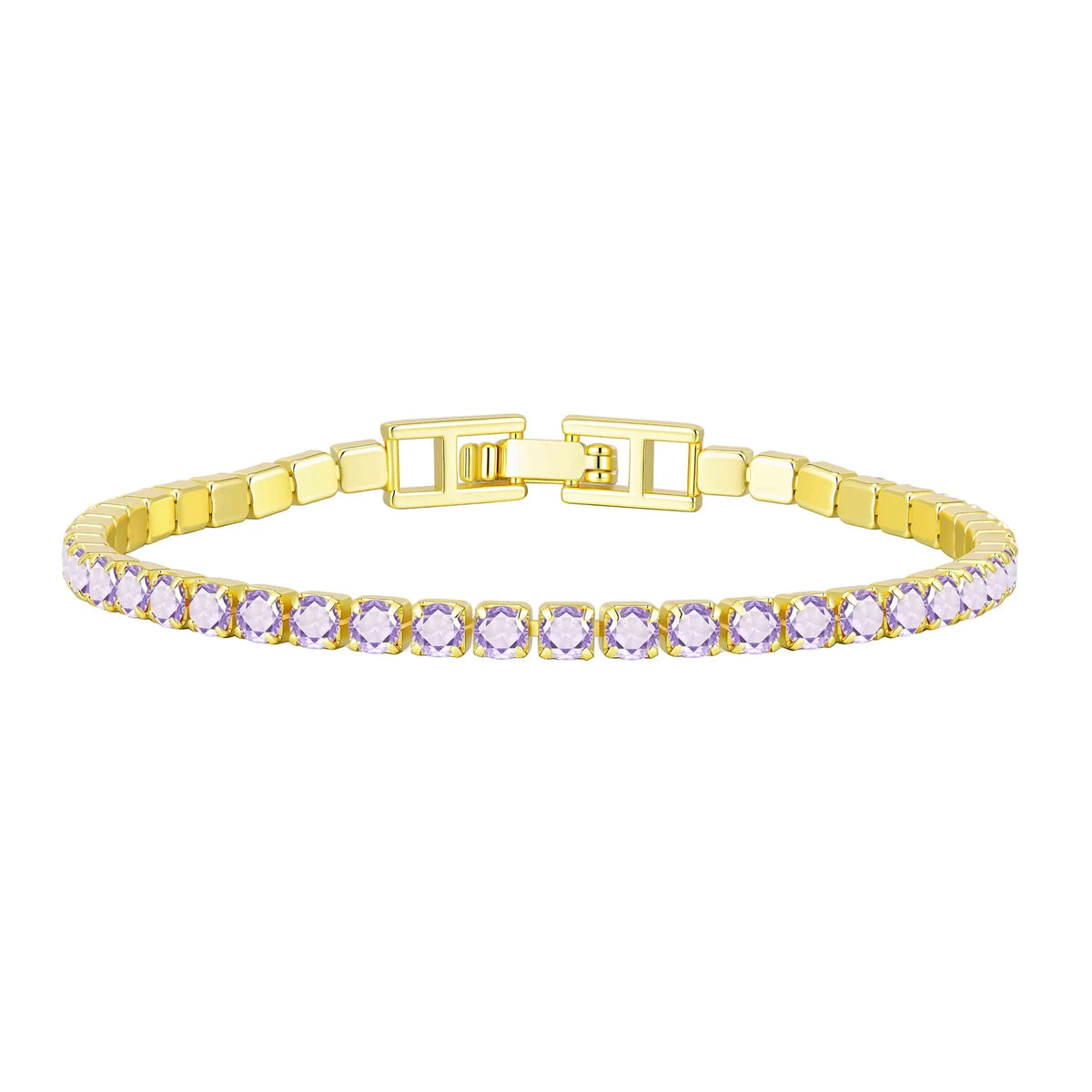 Gold-tone tennis bracelet with light purple cubic zirconia stones and hinged clasp