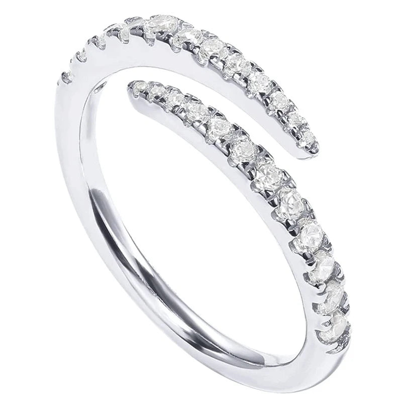 Silver tone open zirconia ring with two rows of round clear stones, adjustable fit
