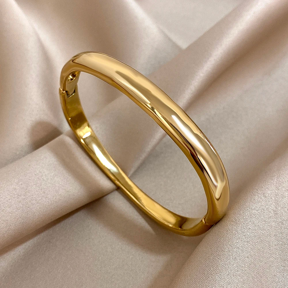 Fashion Gold Plated Stainless Steel Cuff Bangle Bracelets for Women Glossy Simple Square Chunky Bracelet Waterproof Jewelry