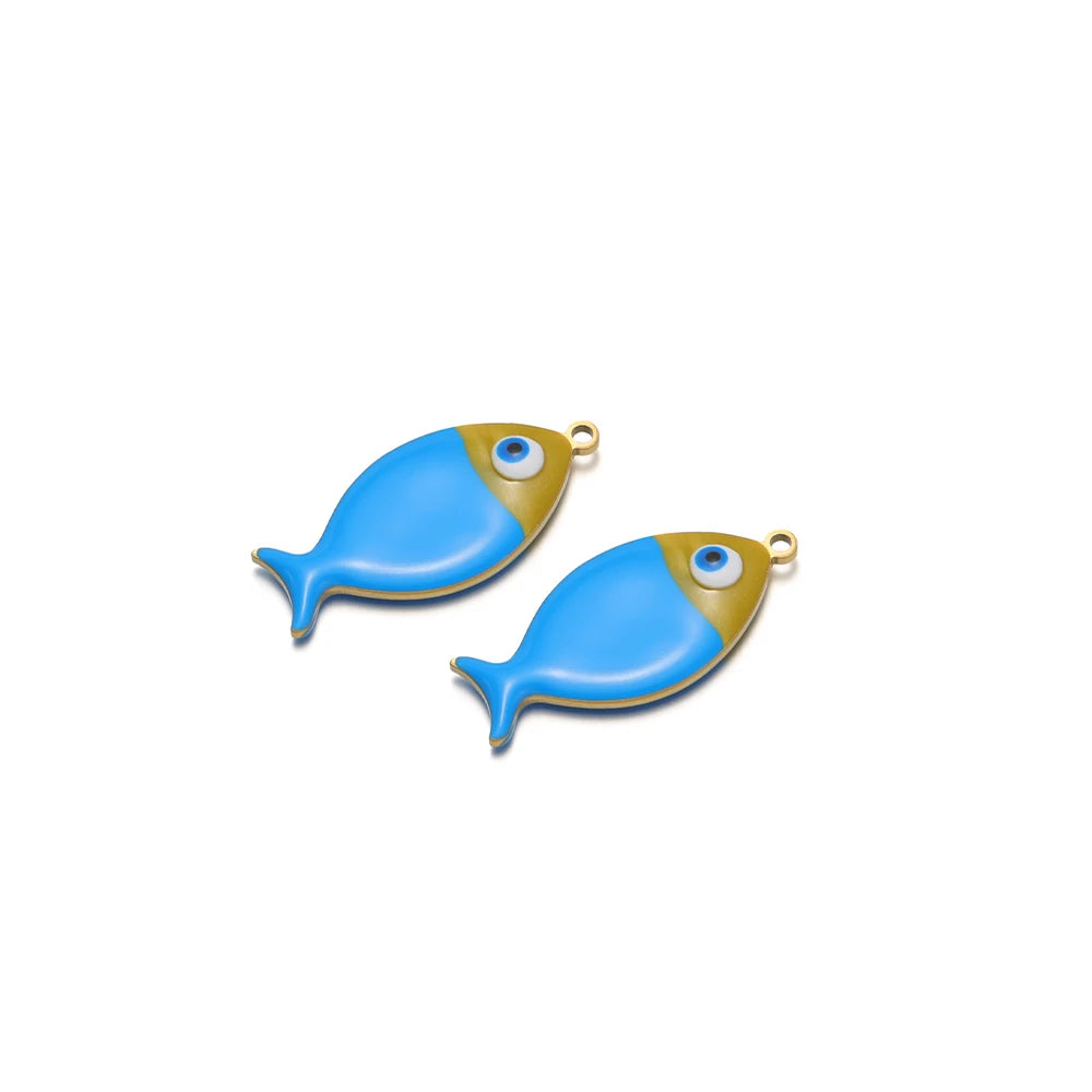 Light blue enamel fish charms with gold loop and blue eye detail, 2pcs for DIY jewelry.