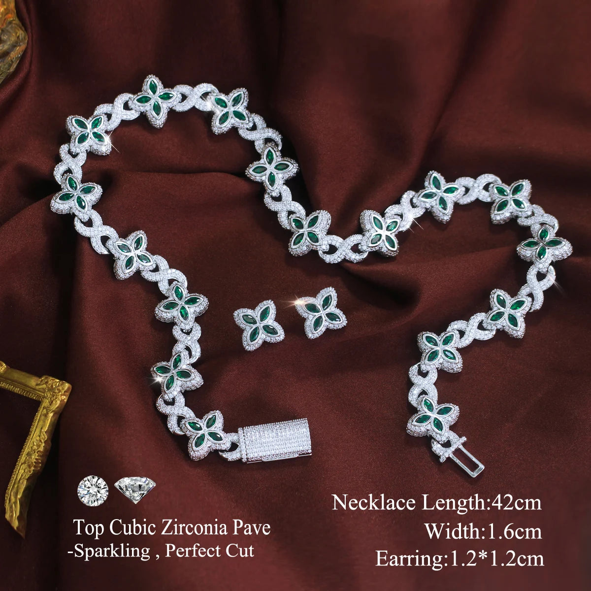 Four-leaf clover zirconia necklace and earring set, green enamel clover