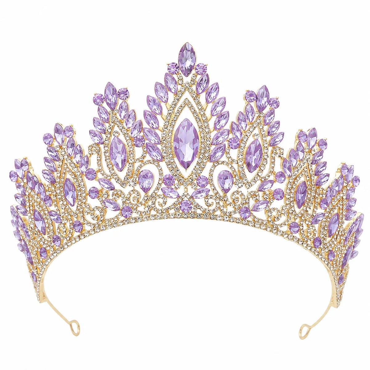 Crystal tiara headband with lavender rhinestone teardrops and gold-tone sparkle frame