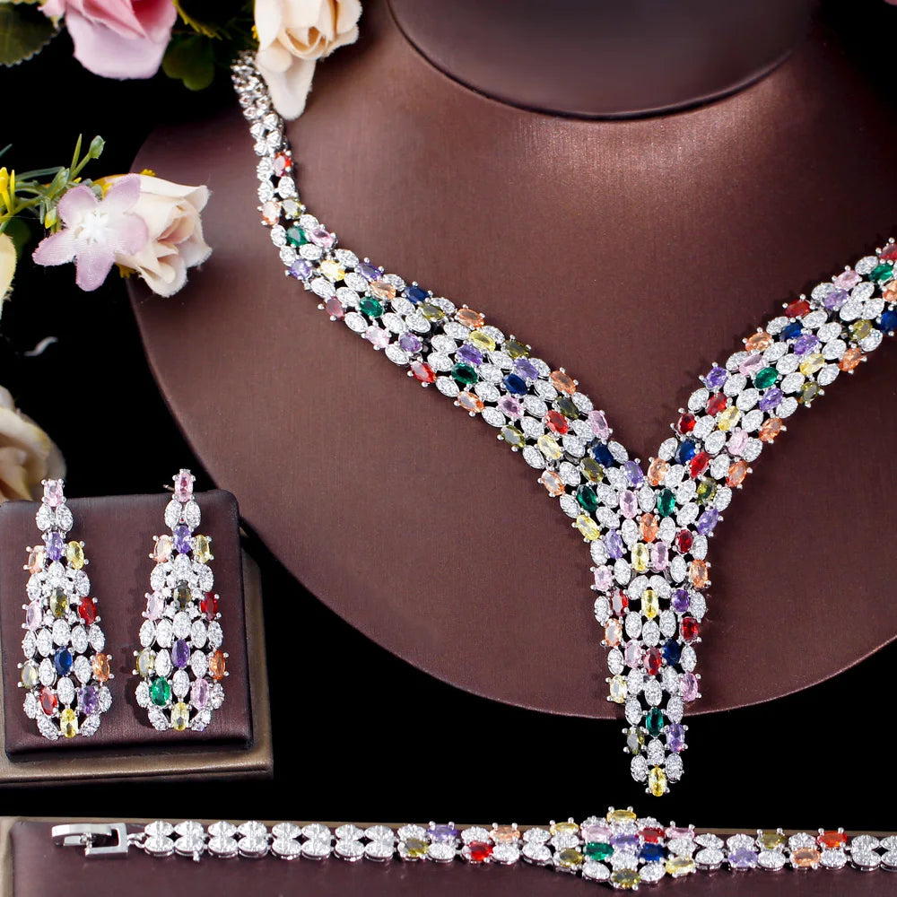 Multicolor cubic zirconia necklace with matching earrings on a display set