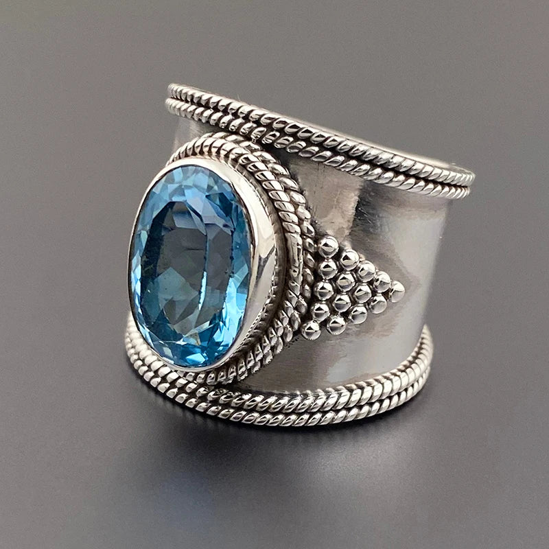 Silver Color Bright Blue Cubic Zirconia Wide Ring Luxury Party Jewelry m20