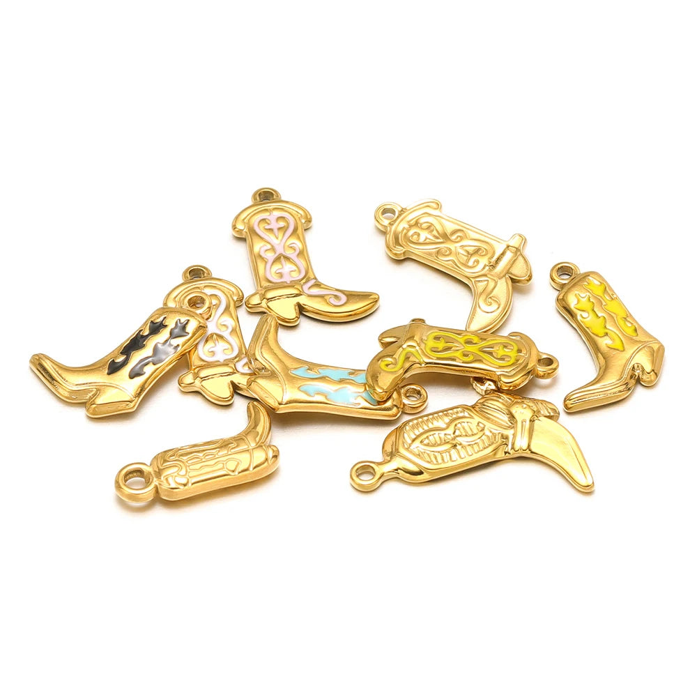 Gold-tone boot charm pendants with multicolor enamel, several pieces with loop bails