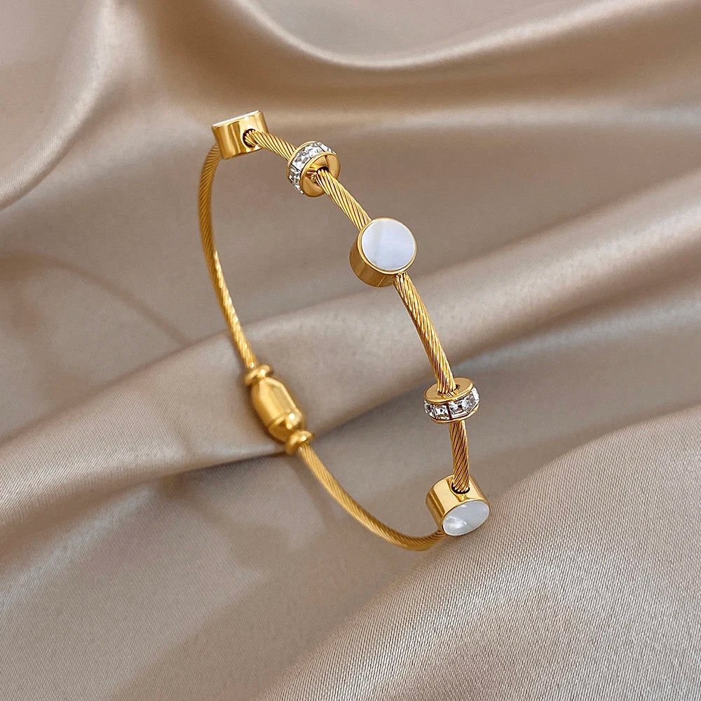 Chic Shell Rhinestone Twisted Stacked Bracelets for Women Elegant Gold Plated Stainless Steel Cuff Bangle Waterproof Jewelry