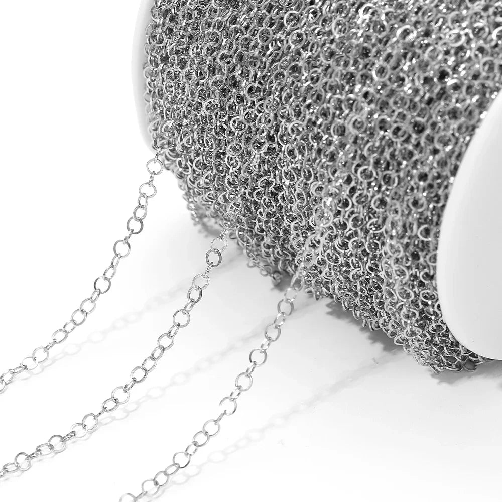 Silver O-ring chain trim with oval links, tightly woven for crafting