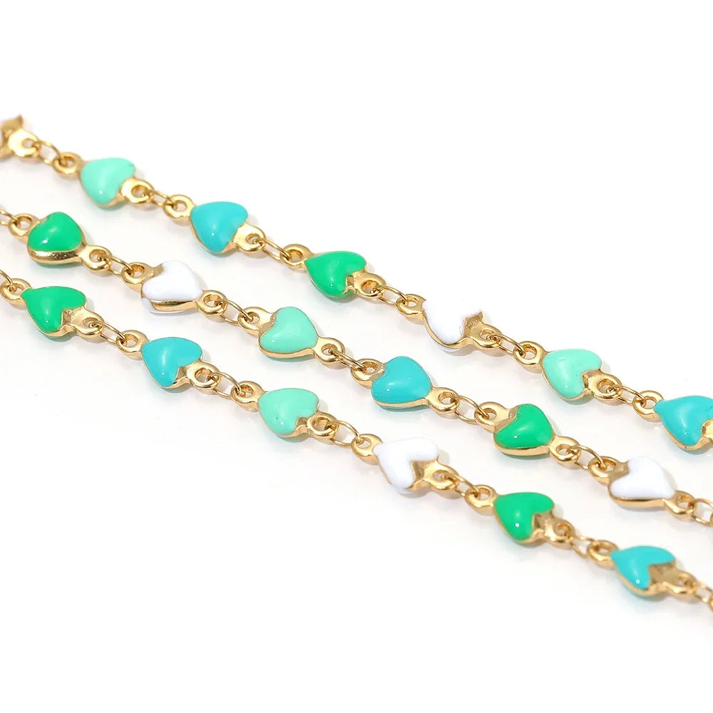 Gold-tone stainless heart link chain with teal and green enamel heart charms