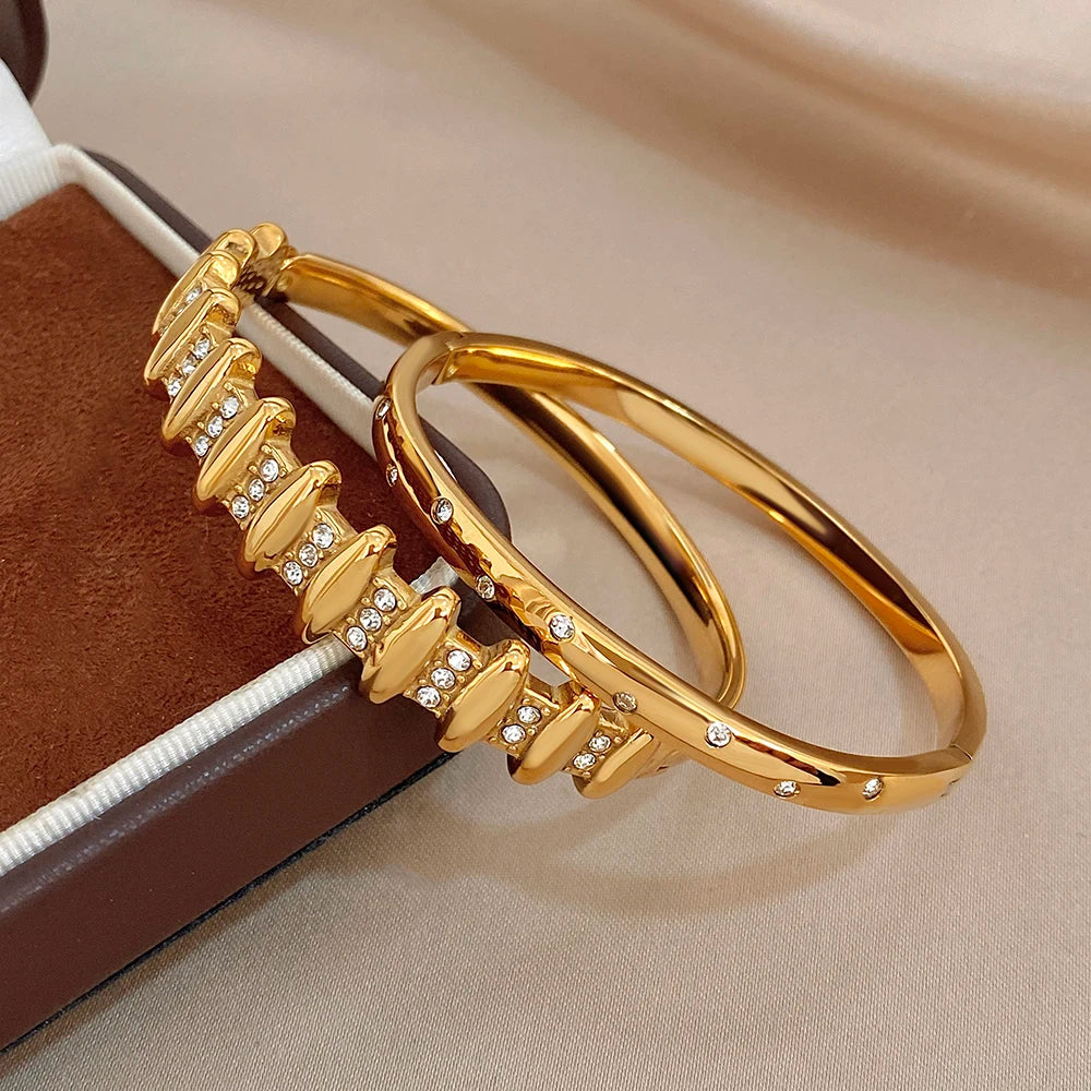 Exquisite Gold Plated Stainless Steel Cuff Bangles for Women Vintage Zircon Geometric Wristband Bracelets Waterproof Jewelry