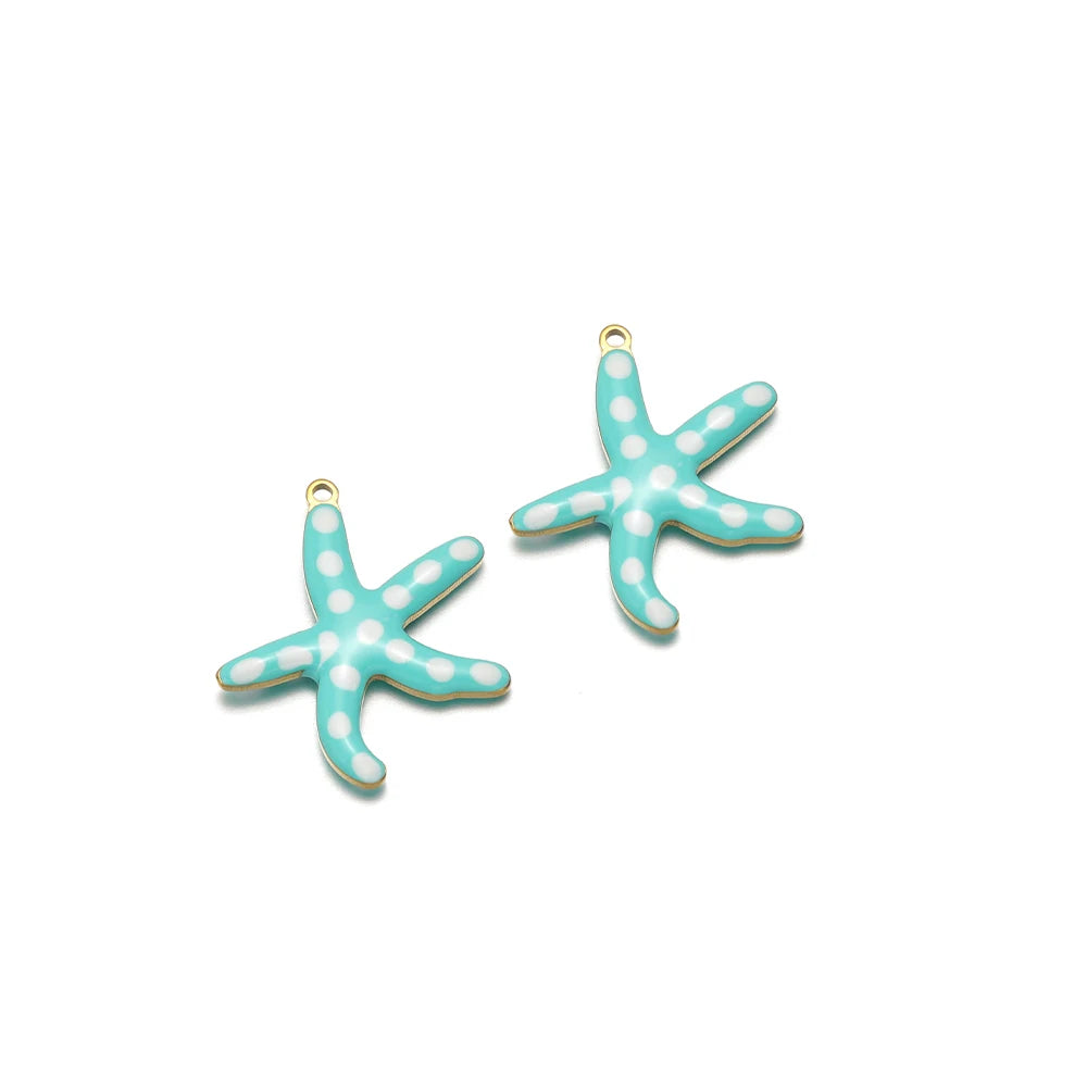 Light teal enamel starfish charm with white dots and gold loop, set of 2