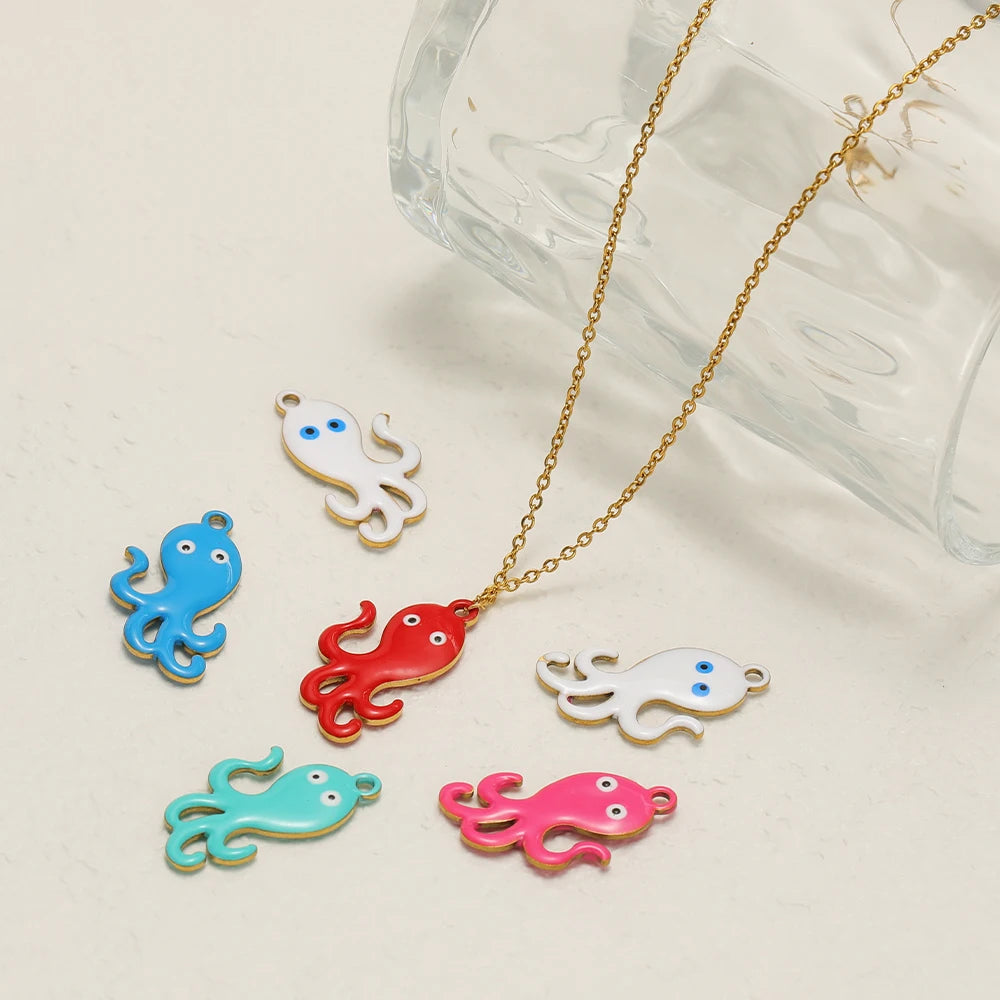 Assorted enamel octopus pendant charms in red, blue, pink, and white colors