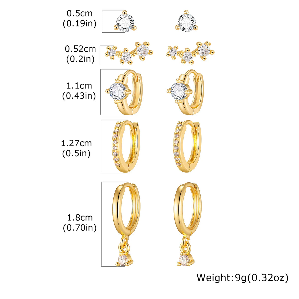 Gold-plated CZ huggie hoop earring set size chart with hoop and stud styles