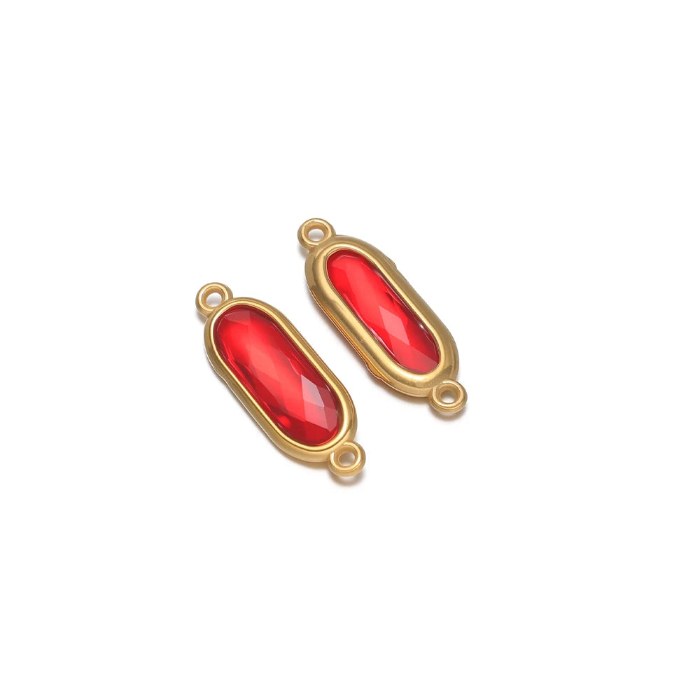 Stainless steel oval glass charm connector, red glass with gold-tone frame and 2 loops