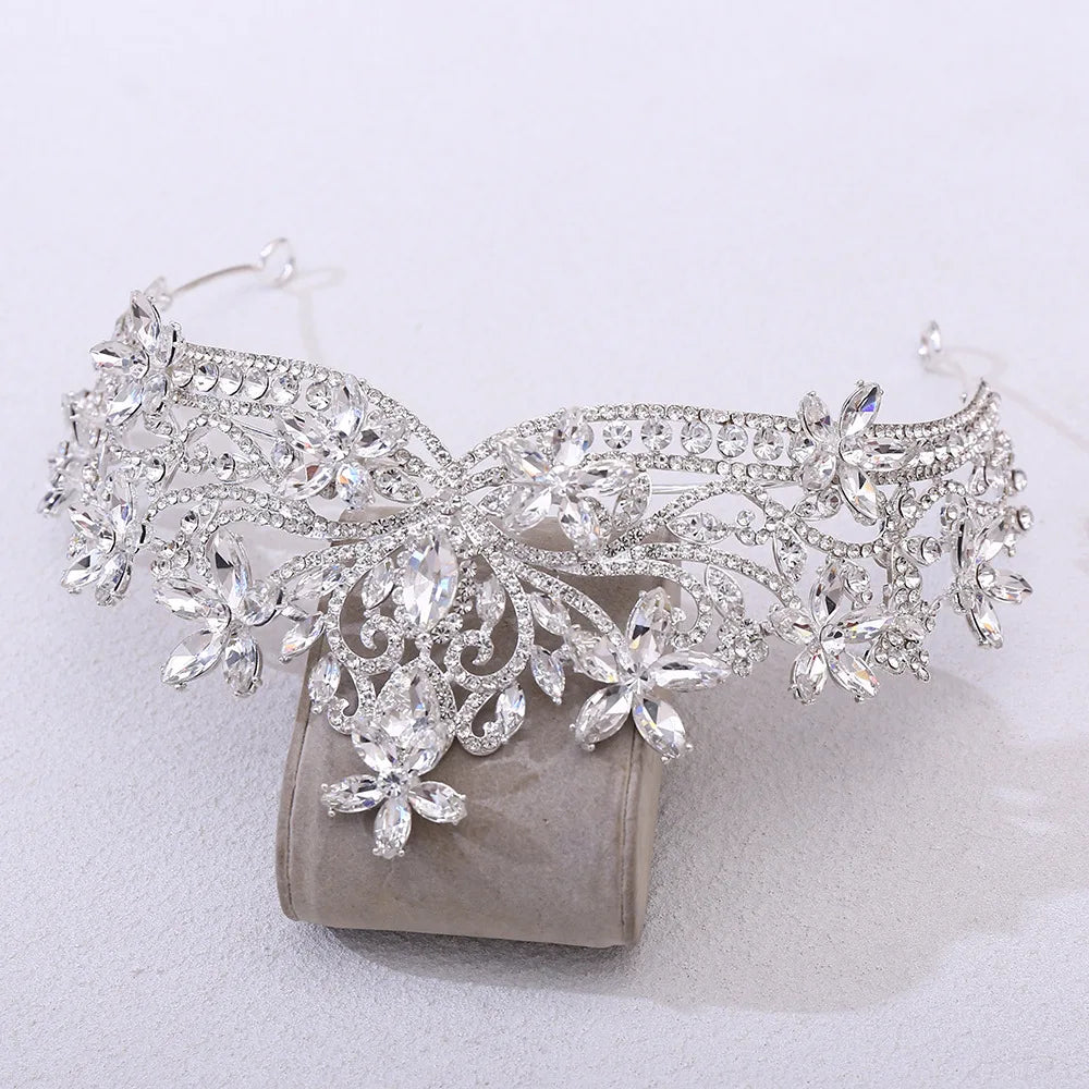 Baroque Crystal Flower Blue Opal Tiaras For Women Party Luxury Bride Diadem Rhinestone Crown Hair Accessories Jewelry