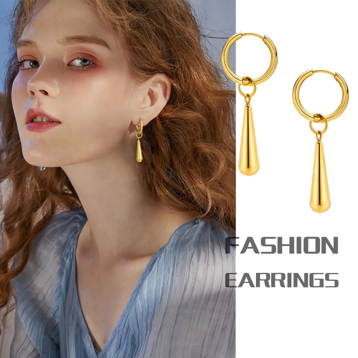 Gold-tone hoop earrings with tapered drops, shown worn and as a pair
