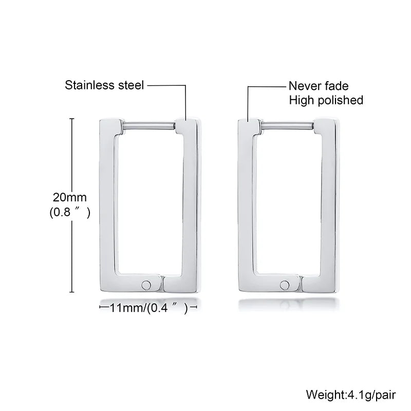 Silver rectangular stainless steel hoop earrings, 20 by 11 mm, 4.1 g per pair