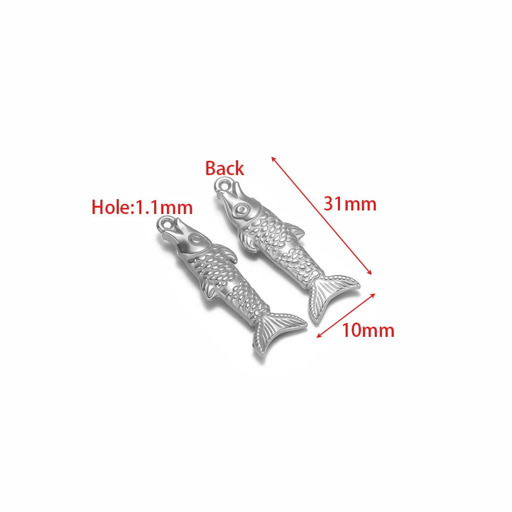 Set of two silver fish charms, 31mm long, 1.1mm hole, 3D metal pendant loops