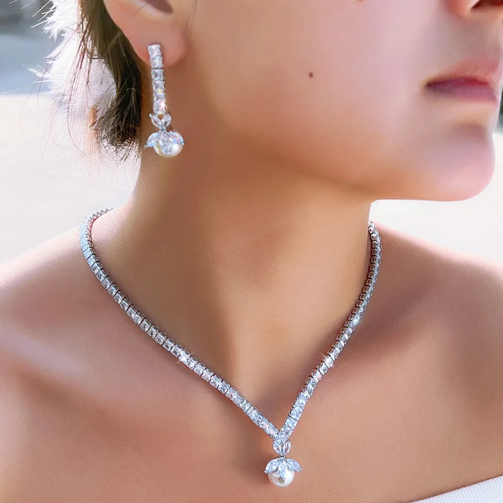 Shiny Cubic Zircon Pearl Necklace Earrings Costume Jewelry Sets for Women Party Bridal Wedding