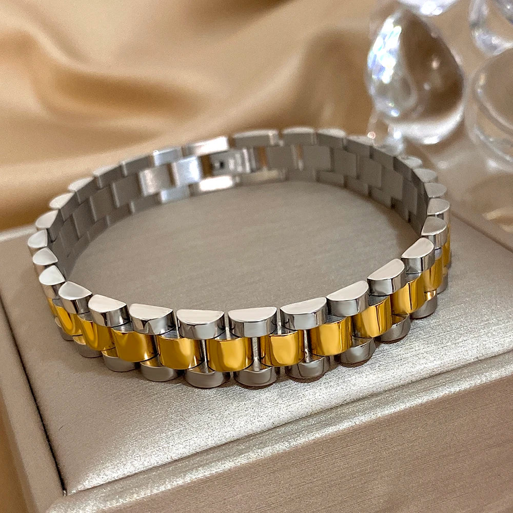Classic Belt Buckle Stainless Steel Bracelet for Women Men Chunky Gold Silver Color Watch Band Bangles Waterproof Jewelry