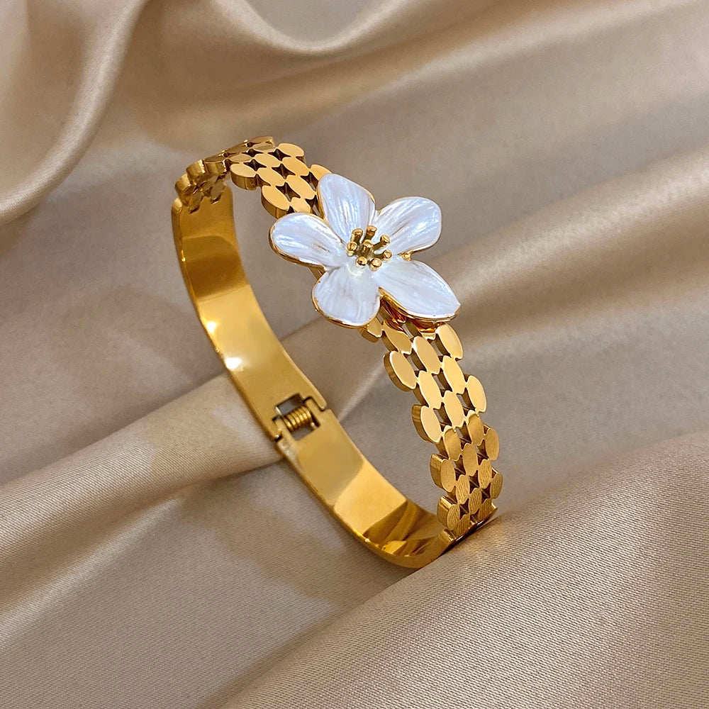Exquisite Enamel Flower Cuff Bangle for Women Glossy Rhinestone Gold Plated Stainless Steel Waterproof Bracelets Party Jewelry