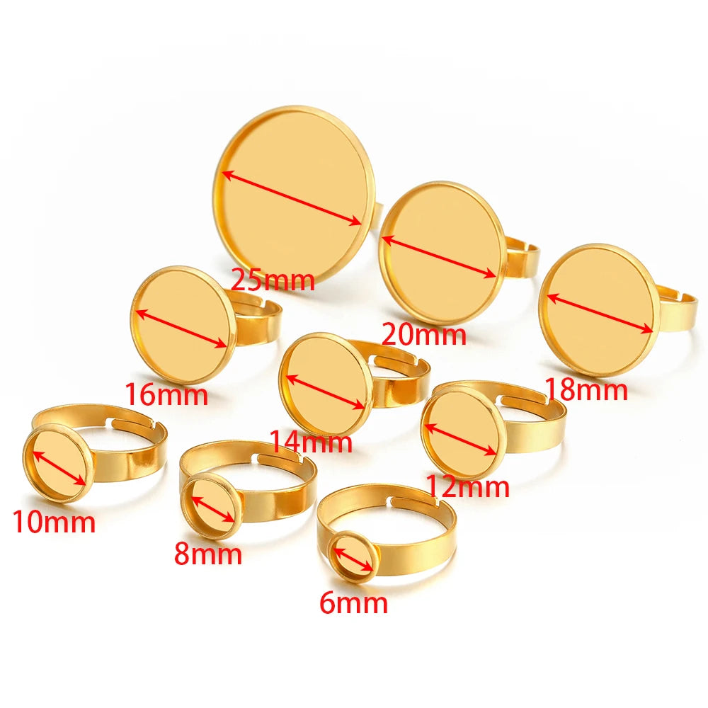 Gold cabochon ring bezel blanks labeled 6–25mm, adjustable open-back settings