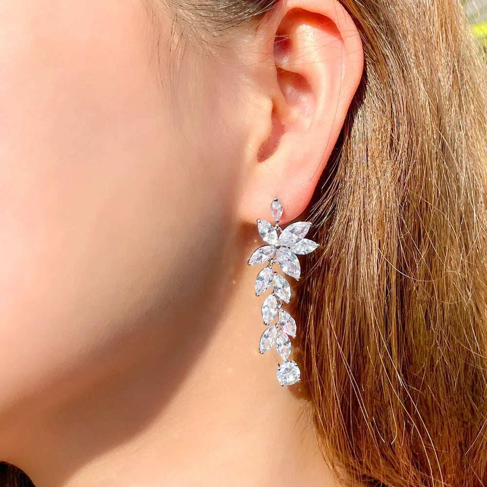 Bling Bling CZ Silver Plated Flower Leaf Shaped Long Dangle Earrings For Women Fashion Jewelry
