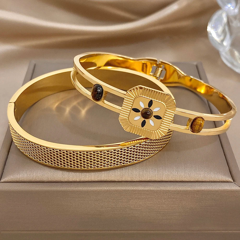 Vintage Natural Stone Geometric Mesh Bracelet for Women Geometric Gold Plated Stainless Steel Cuff Bangles Waterproof Jewelry