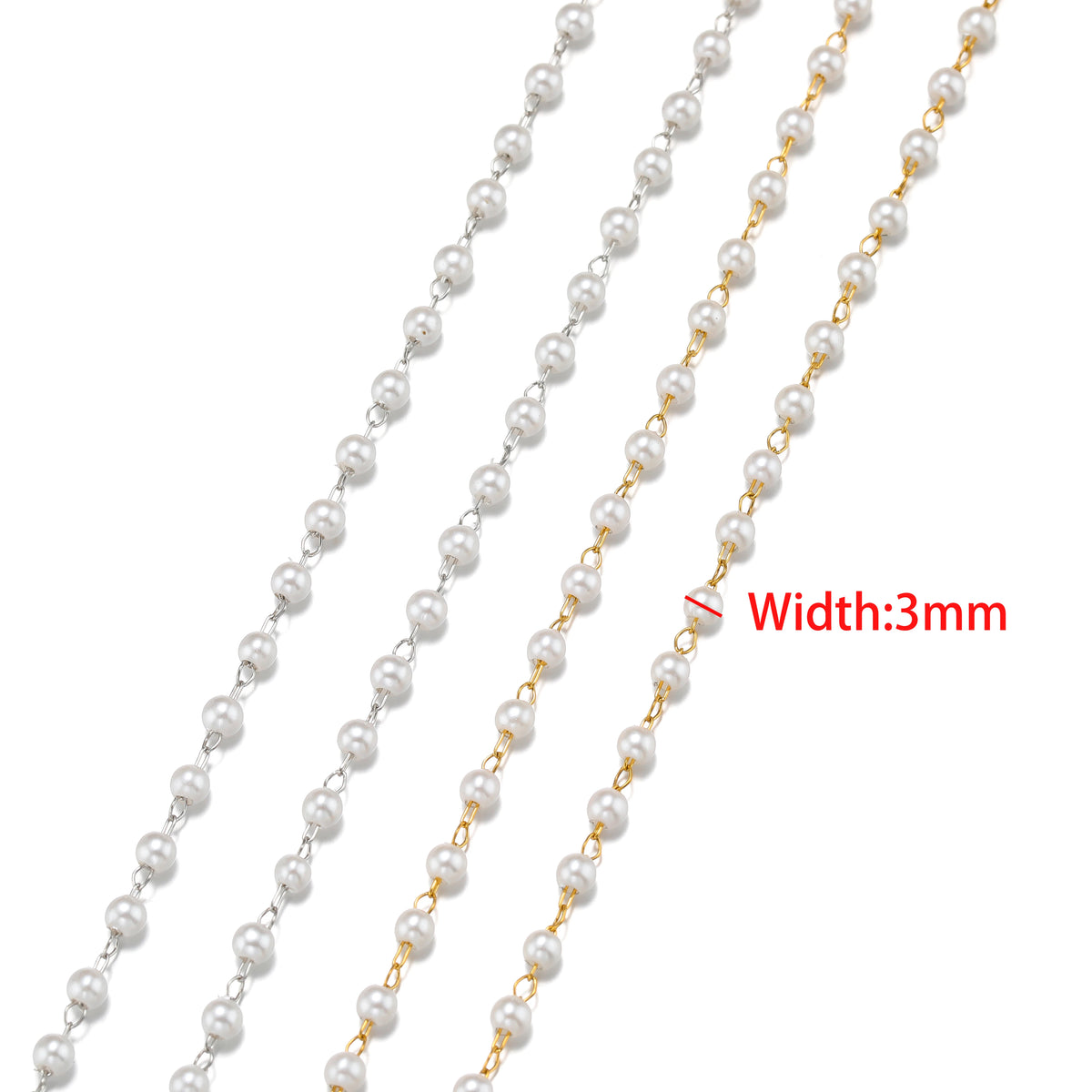 White imitation pearl chain strands with silver-tone and gold-tone accent links, 3mm