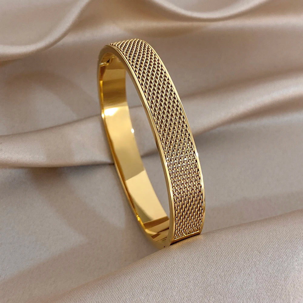 Vintage Natural Stone Geometric Mesh Bracelet for Women Geometric Gold Plated Stainless Steel Cuff Bangles Waterproof Jewelry