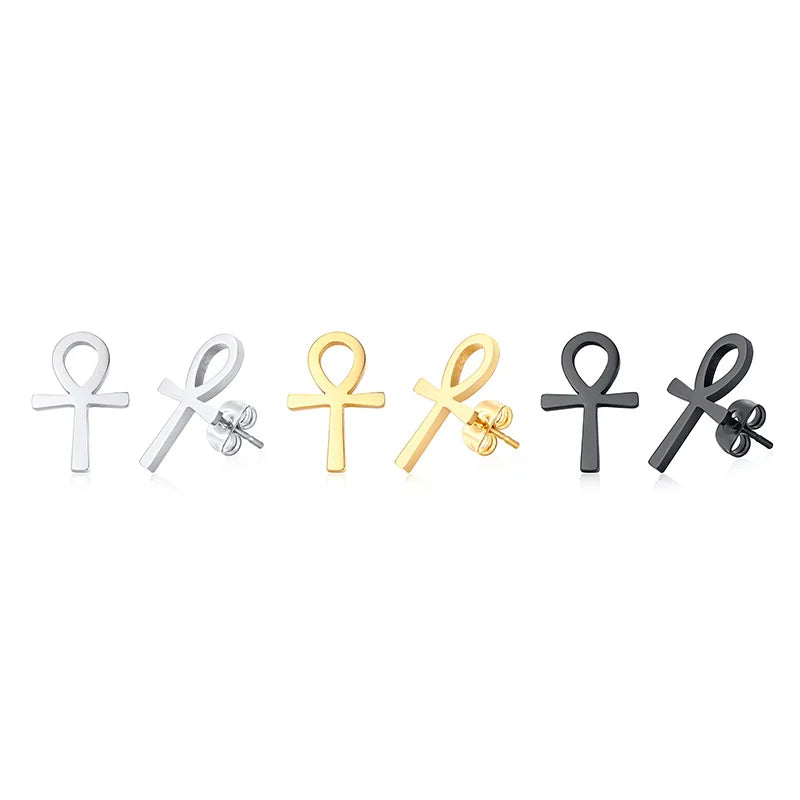Ankh cross stud earrings set in silver, gold, and black stainless steel