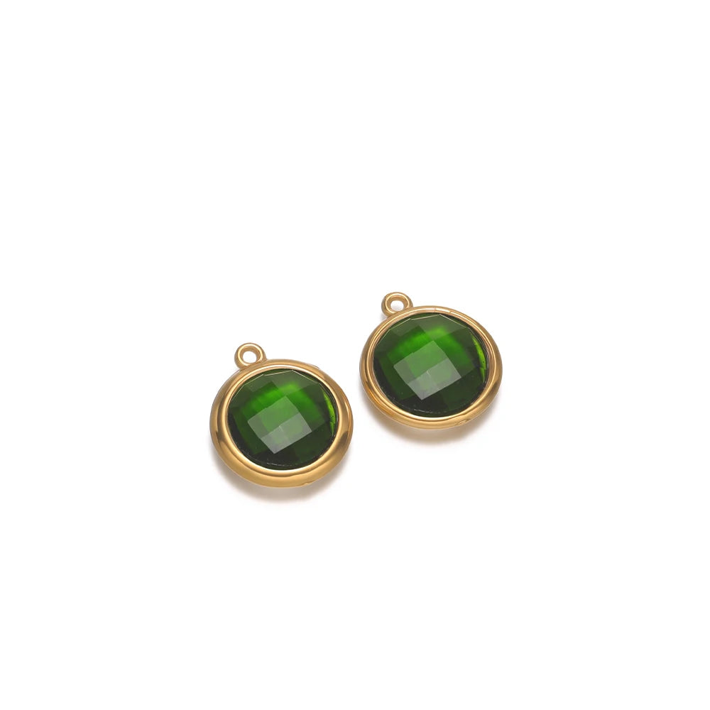 Round faceted dark green glass charm with gold-tone loop, for DIY jewelry making