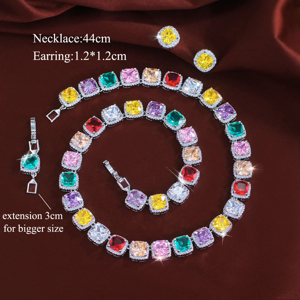 Multicolor square zirconia jewelry set with necklace, bracelet and stud earrings