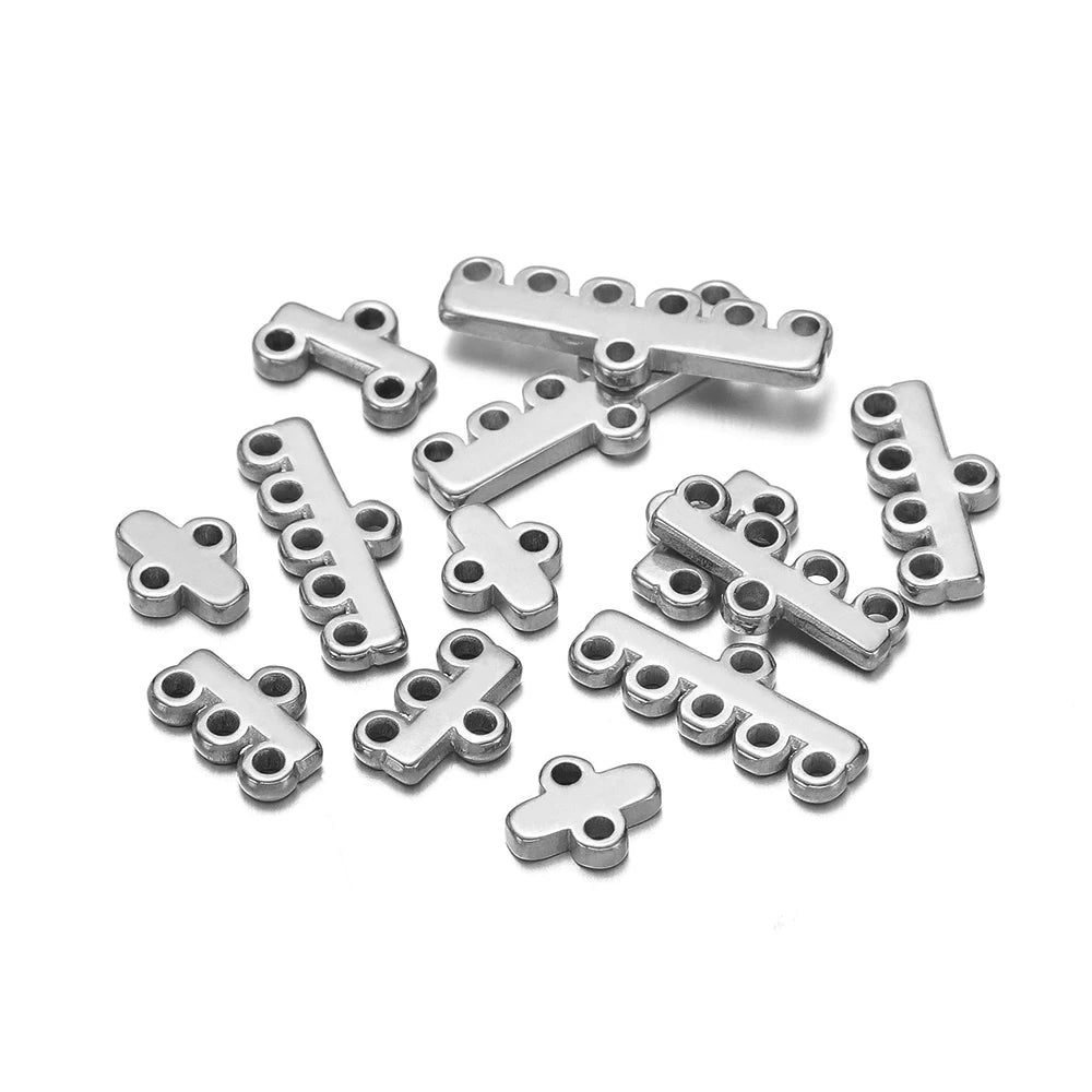 Silver-toned multilayer clasp bail connectors with round holes, cross and bar pieces