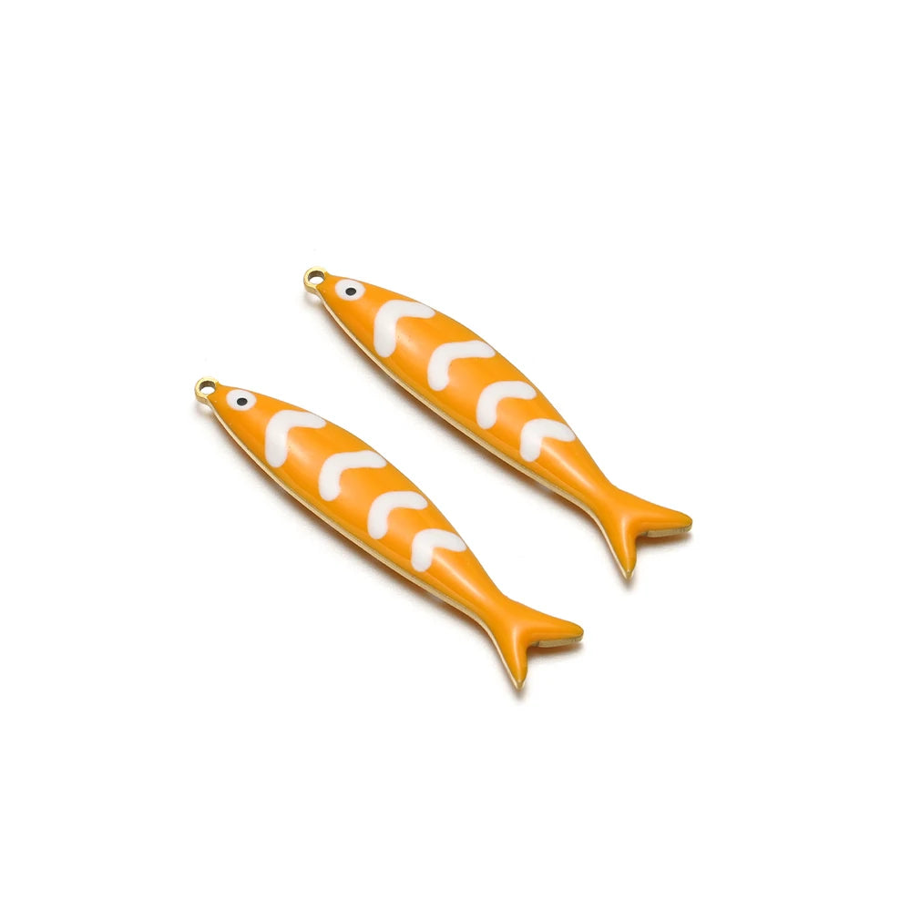 Orange fish charms with enamel stripes, stainless steel loop, set of 2