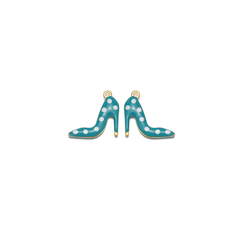 Teal enamel high-heel charm with white polka dots and gold loop bail
